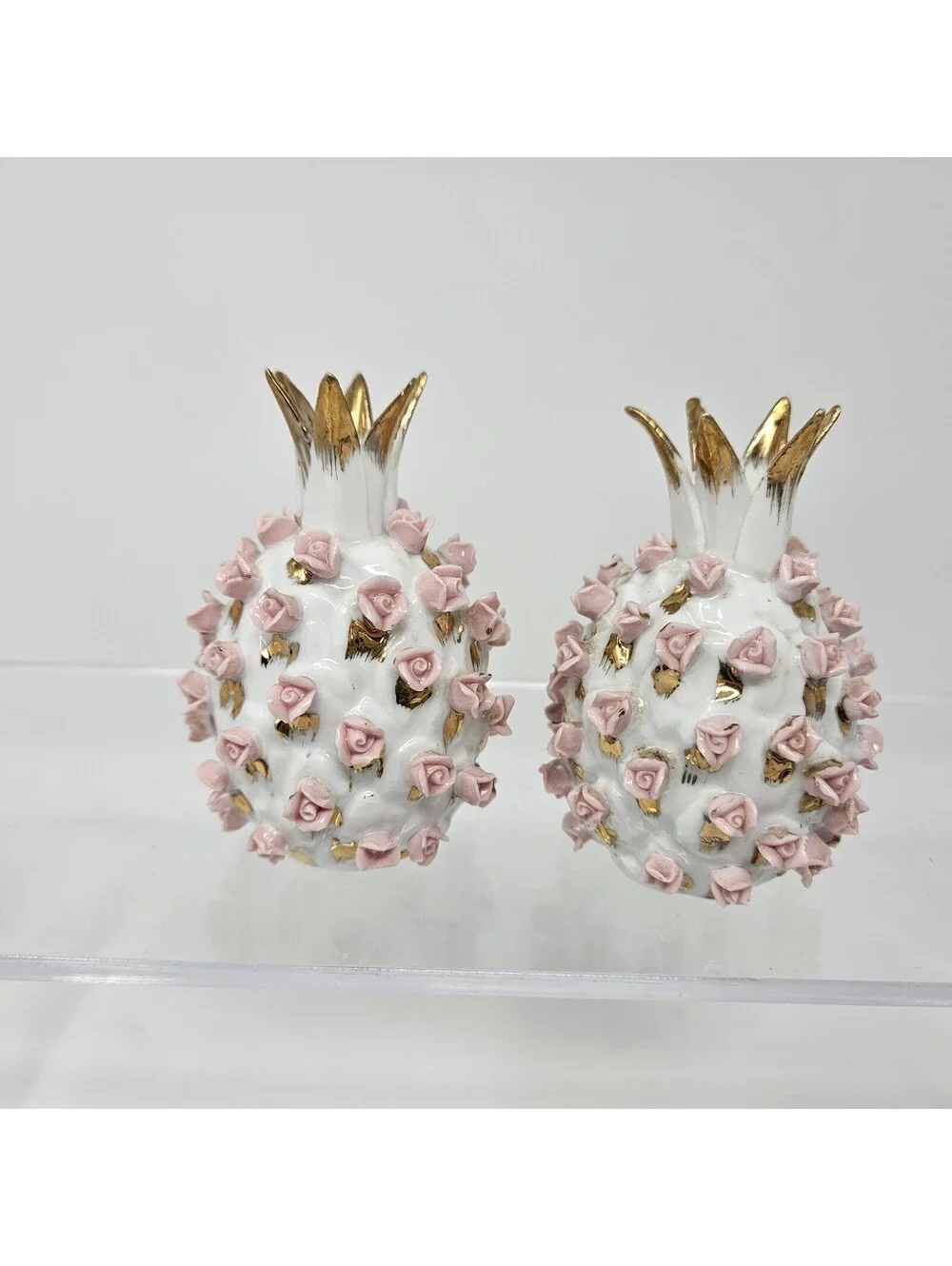Vintage Lefton Japan Pineapple Shape Pink Rose Salt And Pepper Set Shakers